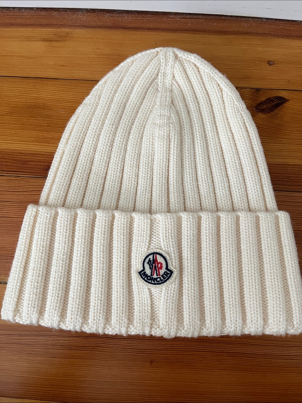 Moncler Cream Ribbed Fold-Cuff Beanie with Logo Patch
